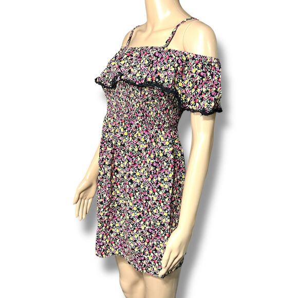 Lily Rose Womens Flounce Smocked Mini Dress Floral Spaghetti Strap Medium - Picture 7 of 10